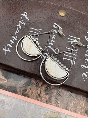 Boho White Stone Geometric Drop Earrings Silver Tone Tribal